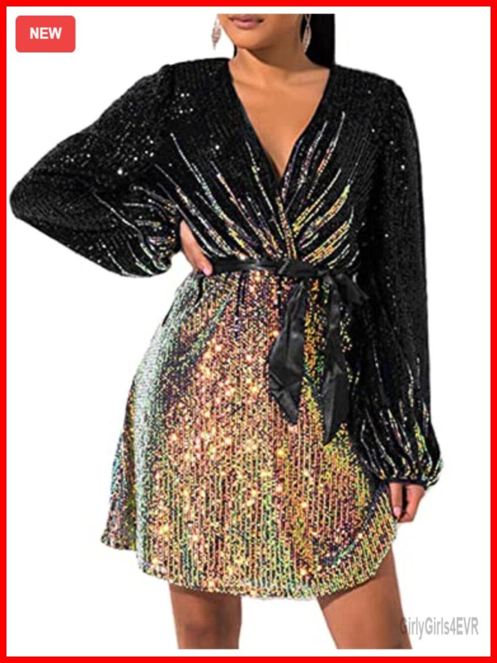 Plus Size Sequin V-Neck Long Sleeve Skater Cocktail Evening Dress